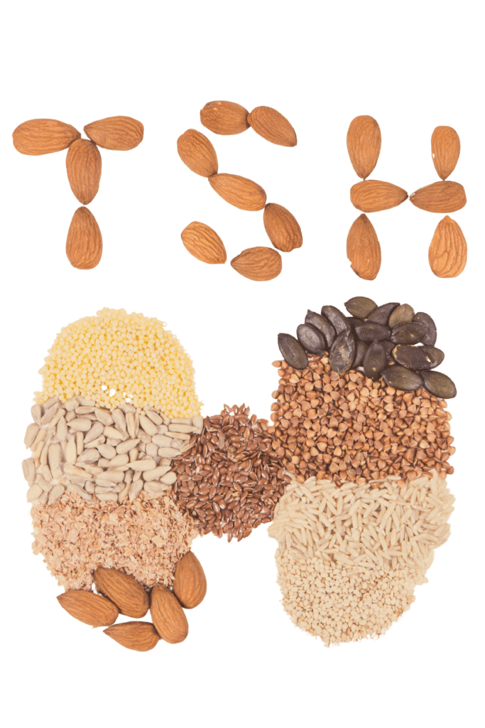 Seeds and almonds are arranged in the shape of a heart showing its benefits in managing thyroid issues