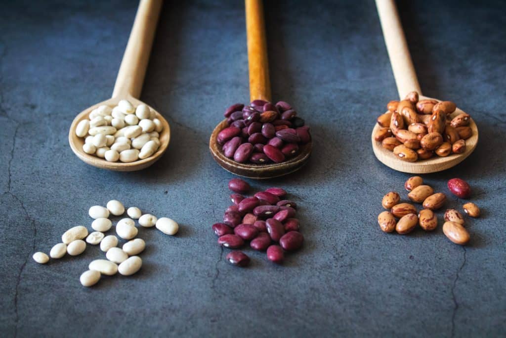 The portfolio diet incorporates three different types of beans in wooden spoons to help lower cholesterol levels, following the principles of naturopathy.